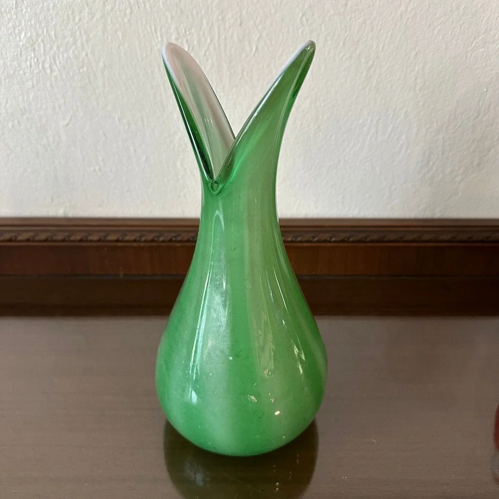 Vintage Green Cased Art Glass Vase Murano Style Pulled Wing Rim 10'' Mid Century